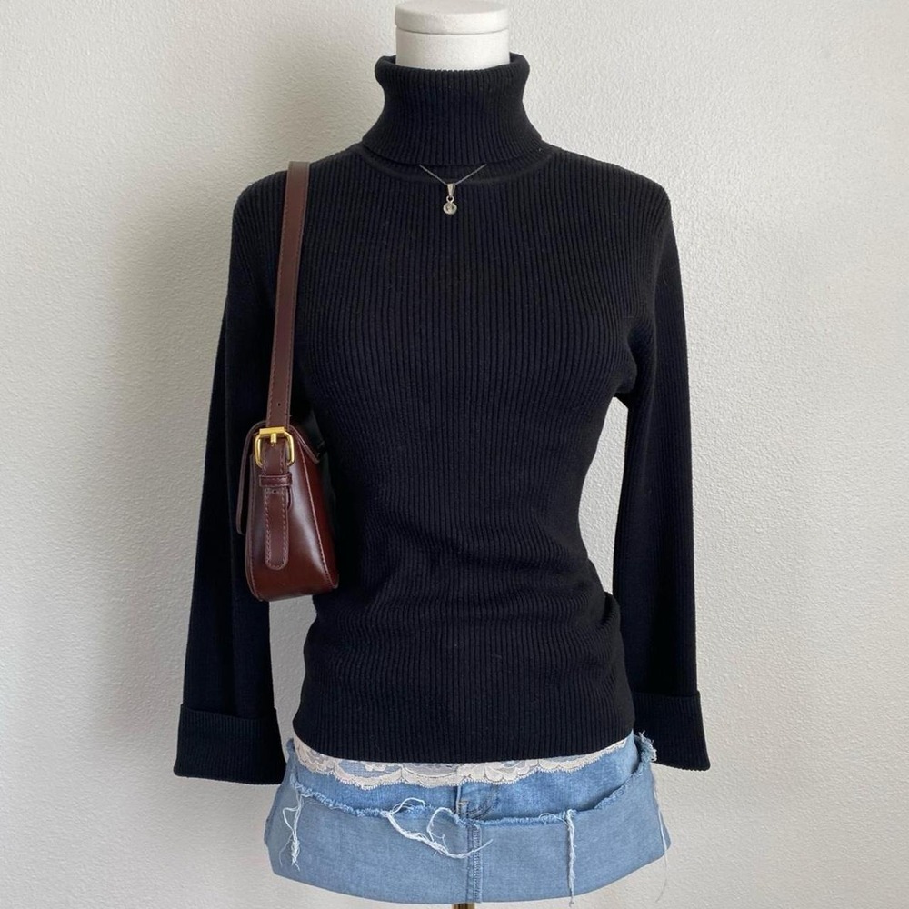 INC International Concepts Black Ribbed Turtleneck Sweater Long Sleeve Preppy